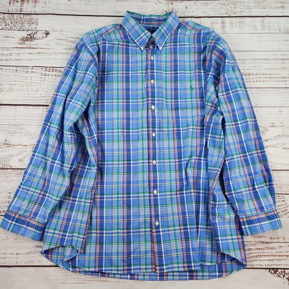 Ralph Lauren Shirt Mens 3XB Blue Plaid Cotton Stretch Button Down Big & Tall
